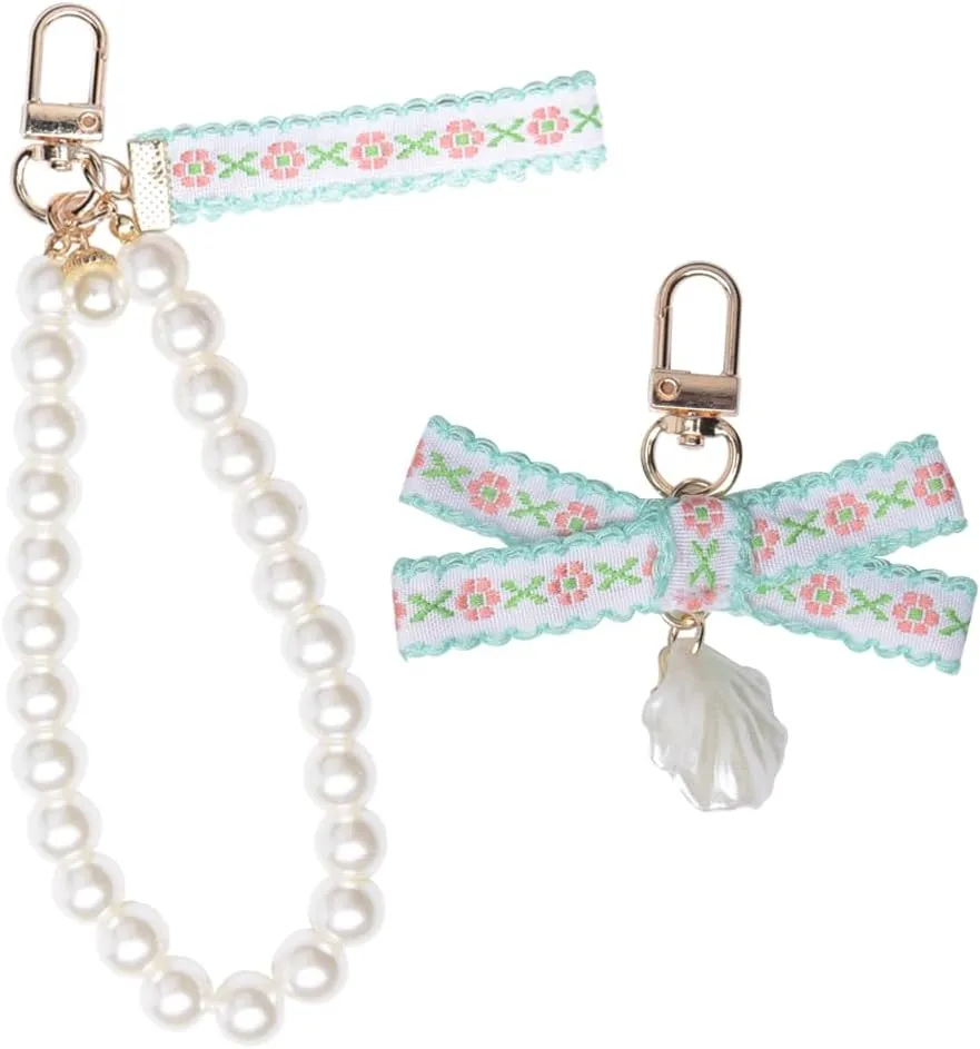 2PCS Pearl Wristlet Keychains for Women Girls Bow Keychain Bead Keyring for Backpack Purse Bag Key Chain for Keys