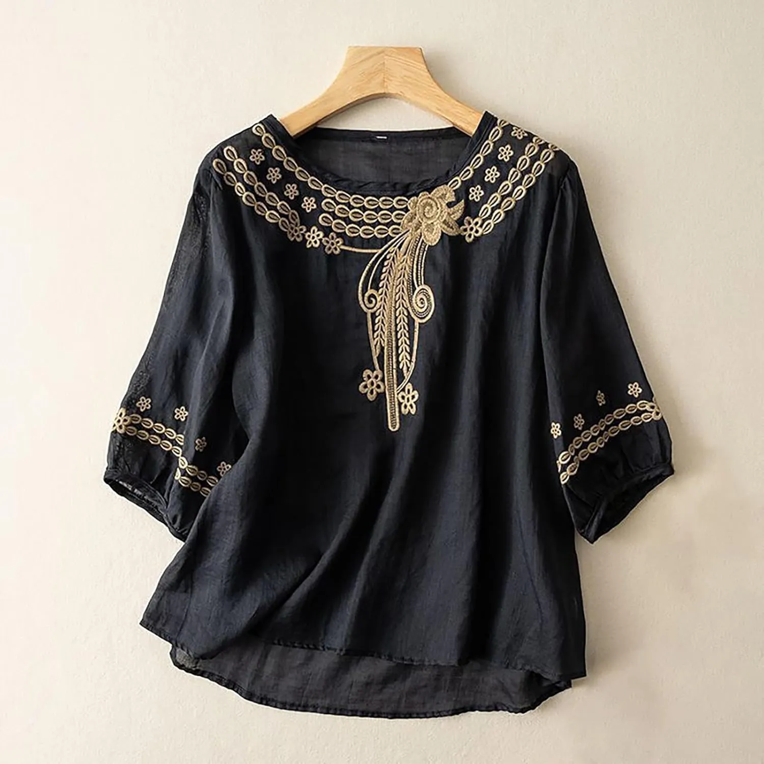 3/4 Sleeve Linen Shirts for Women 2025 Cotton Summer Retro Embroidered Boho Tops Dressy Casual Trendy Vacation Blouse