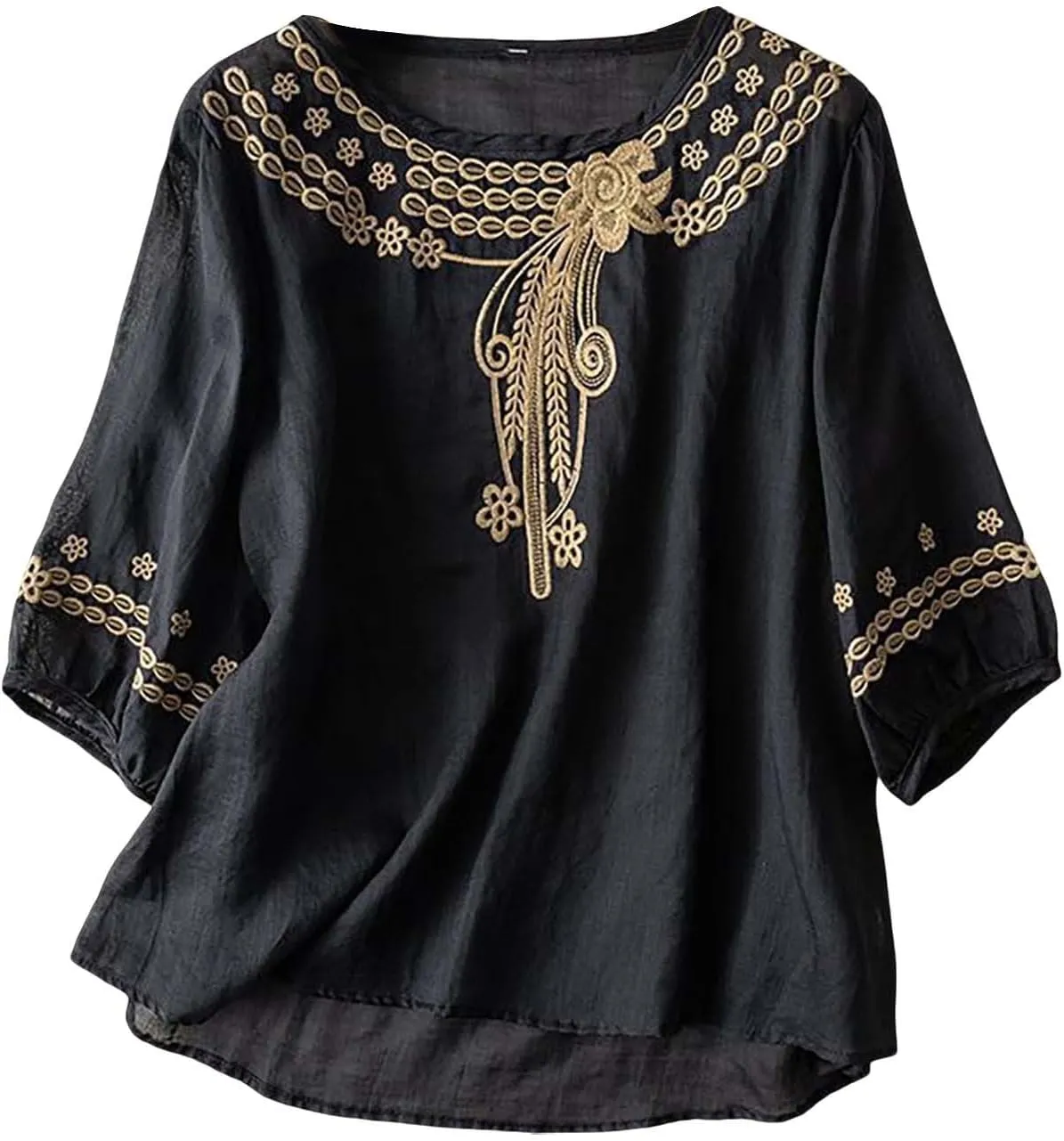 3/4 Sleeve Linen Shirts for Women 2025 Cotton Summer Retro Embroidered Boho Tops Dressy Casual Trendy Vacation Blouse