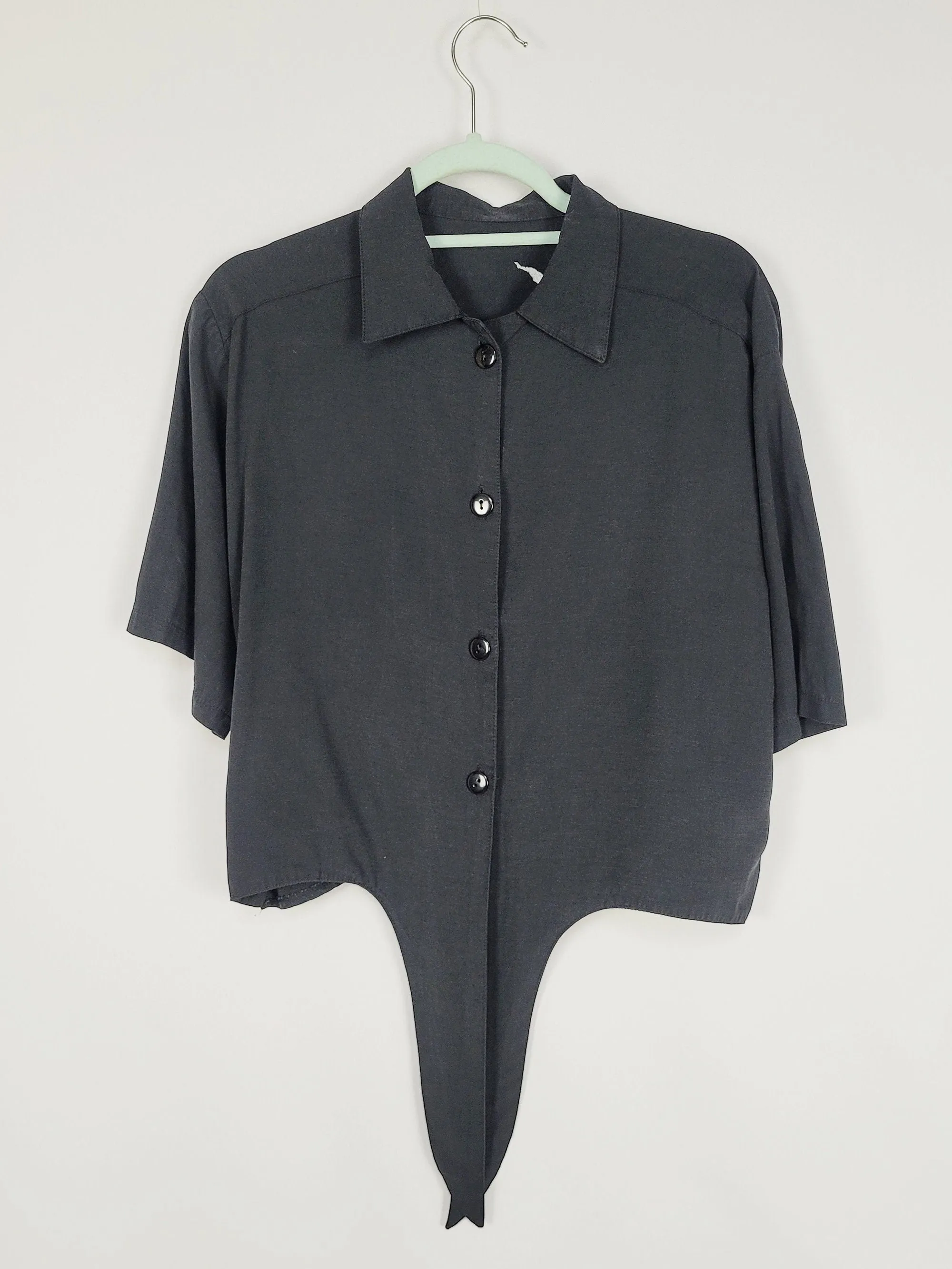 90s black minimalist basic button & tie up blouse top