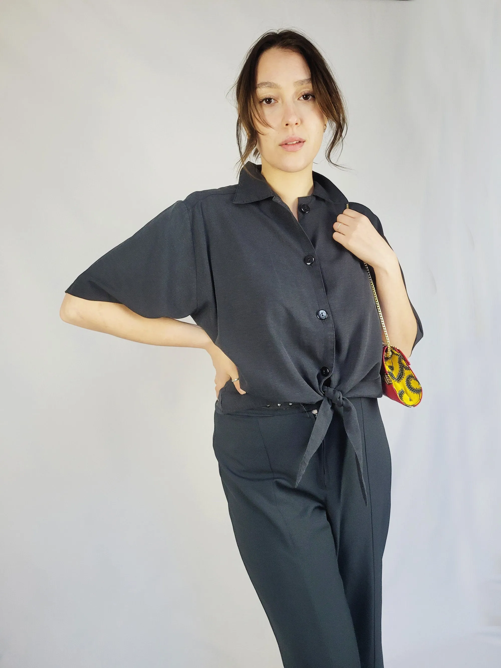 90s black minimalist basic button & tie up blouse top