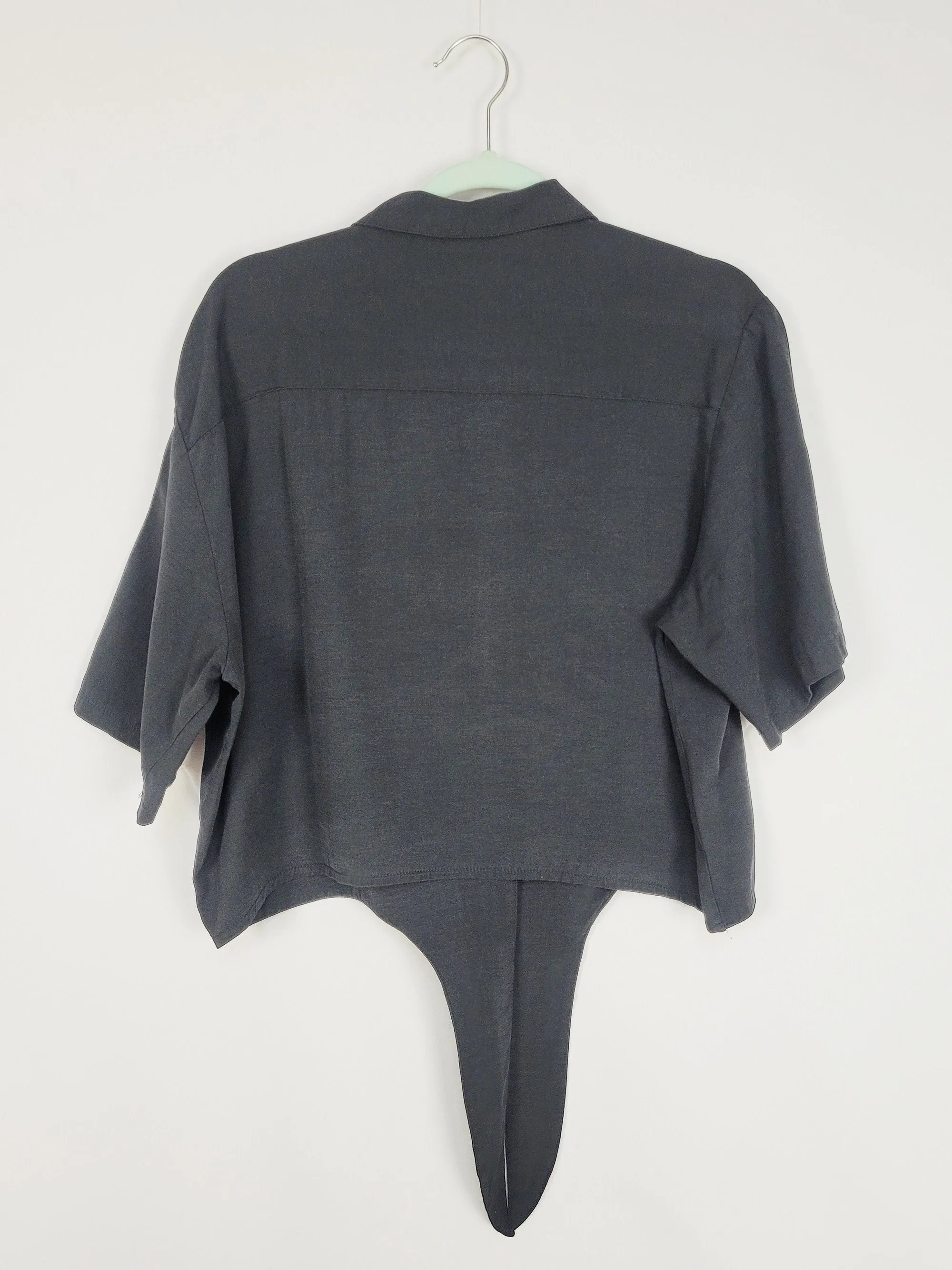 90s black minimalist basic button & tie up blouse top