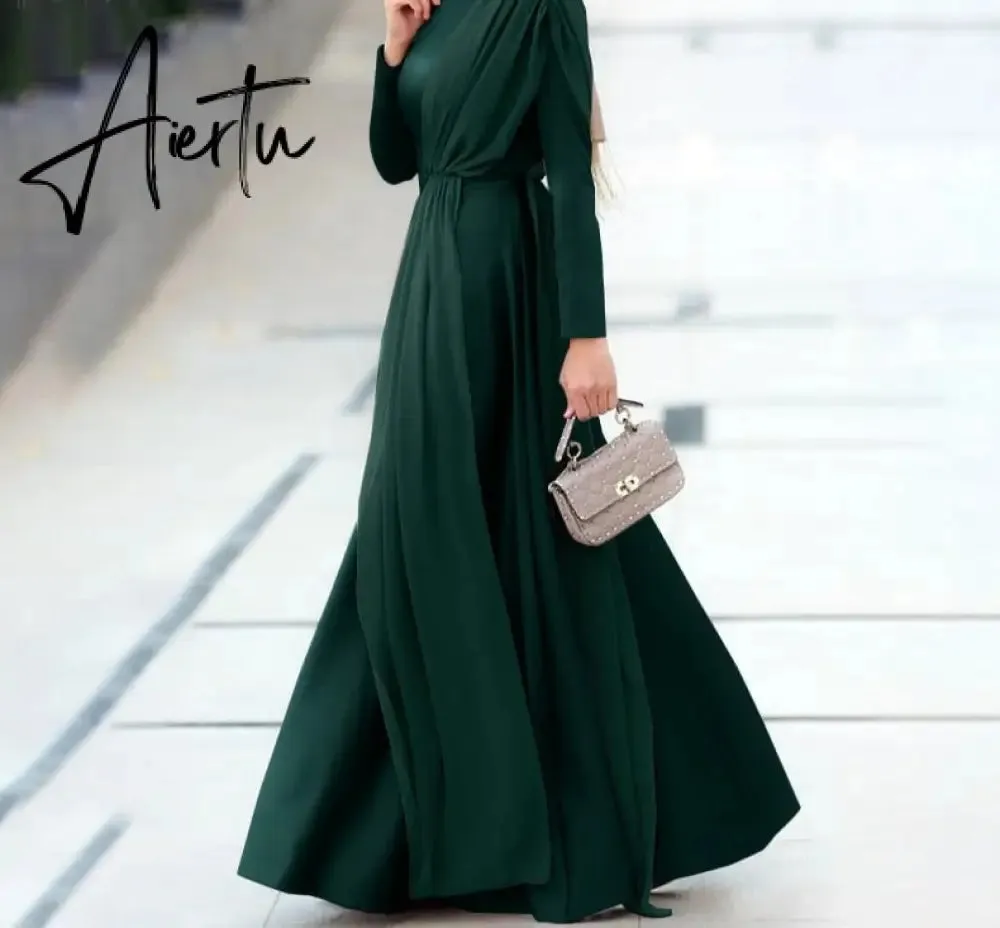 Aiertu Spring Fashion Solid Sundress Women Casual Long Sleeve O Neck Kaftan Elegant Party Hijab Dress Islamic Clothing Robe