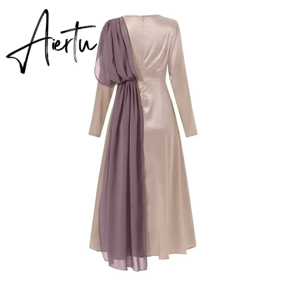 Aiertu Spring Fashion Solid Sundress Women Casual Long Sleeve O Neck Kaftan Elegant Party Hijab Dress Islamic Clothing Robe