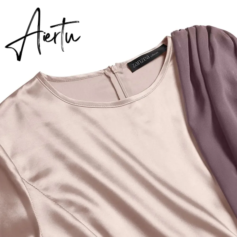 Aiertu Spring Fashion Solid Sundress Women Casual Long Sleeve O Neck Kaftan Elegant Party Hijab Dress Islamic Clothing Robe