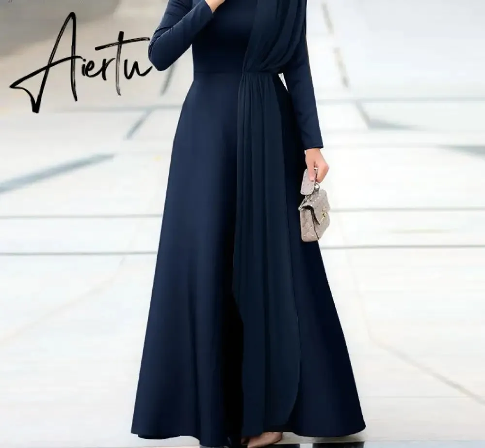 Aiertu Spring Fashion Solid Sundress Women Casual Long Sleeve O Neck Kaftan Elegant Party Hijab Dress Islamic Clothing Robe