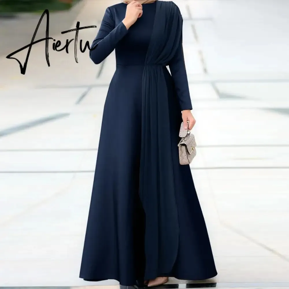 Aiertu Spring Fashion Solid Sundress Women Casual Long Sleeve O Neck Kaftan Elegant Party Hijab Dress Islamic Clothing Robe