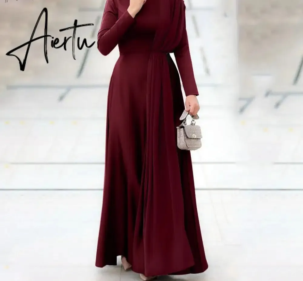Aiertu Spring Fashion Solid Sundress Women Casual Long Sleeve O Neck Kaftan Elegant Party Hijab Dress Islamic Clothing Robe