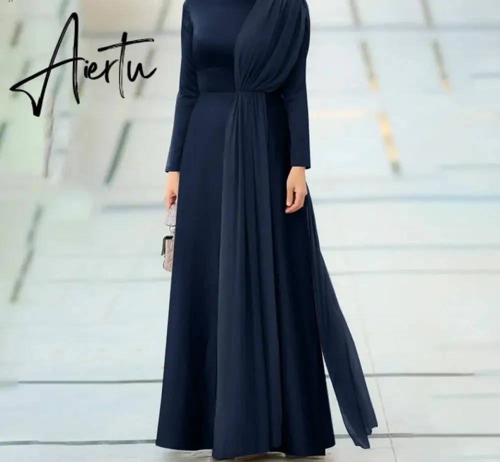 Aiertu Spring Fashion Solid Sundress Women Casual Long Sleeve O Neck Kaftan Elegant Party Hijab Dress Islamic Clothing Robe