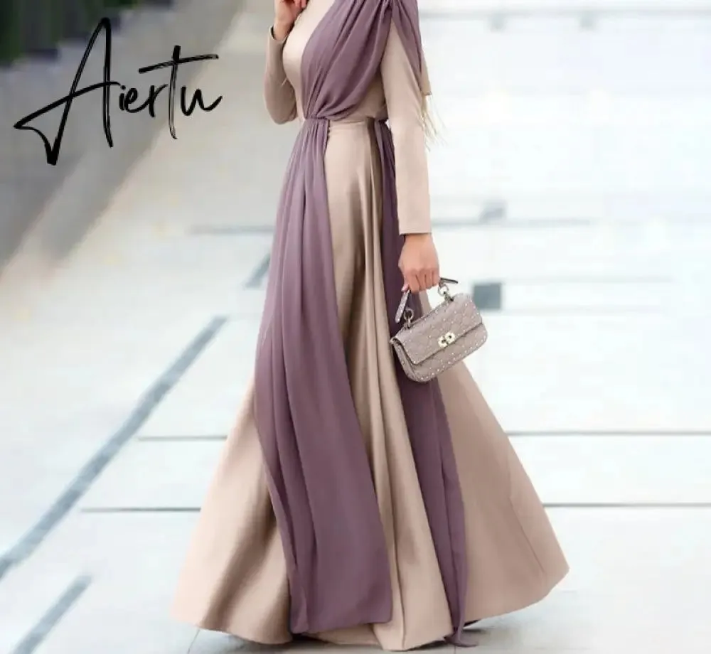 Aiertu Spring Fashion Solid Sundress Women Casual Long Sleeve O Neck Kaftan Elegant Party Hijab Dress Islamic Clothing Robe
