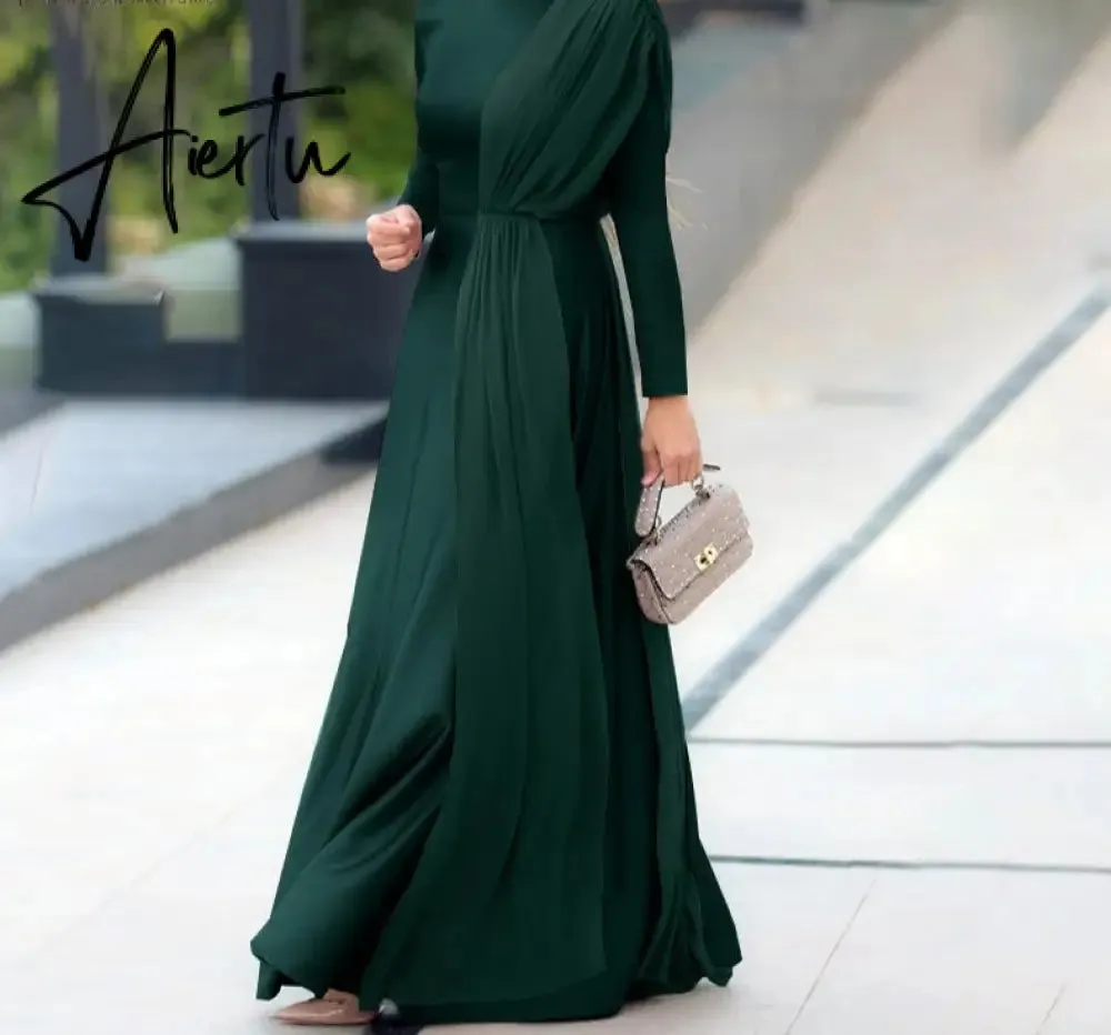 Aiertu Spring Fashion Solid Sundress Women Casual Long Sleeve O Neck Kaftan Elegant Party Hijab Dress Islamic Clothing Robe