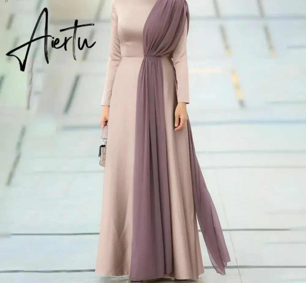 Aiertu Spring Fashion Solid Sundress Women Casual Long Sleeve O Neck Kaftan Elegant Party Hijab Dress Islamic Clothing Robe