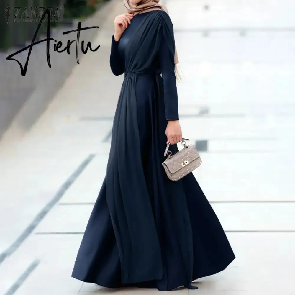Aiertu Spring Fashion Solid Sundress Women Casual Long Sleeve O Neck Kaftan Elegant Party Hijab Dress Islamic Clothing Robe