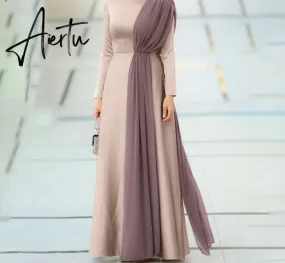 Aiertu Spring Fashion Solid Sundress Women Casual Long Sleeve O Neck Kaftan Elegant Party Hijab Dress Islamic Clothing Robe