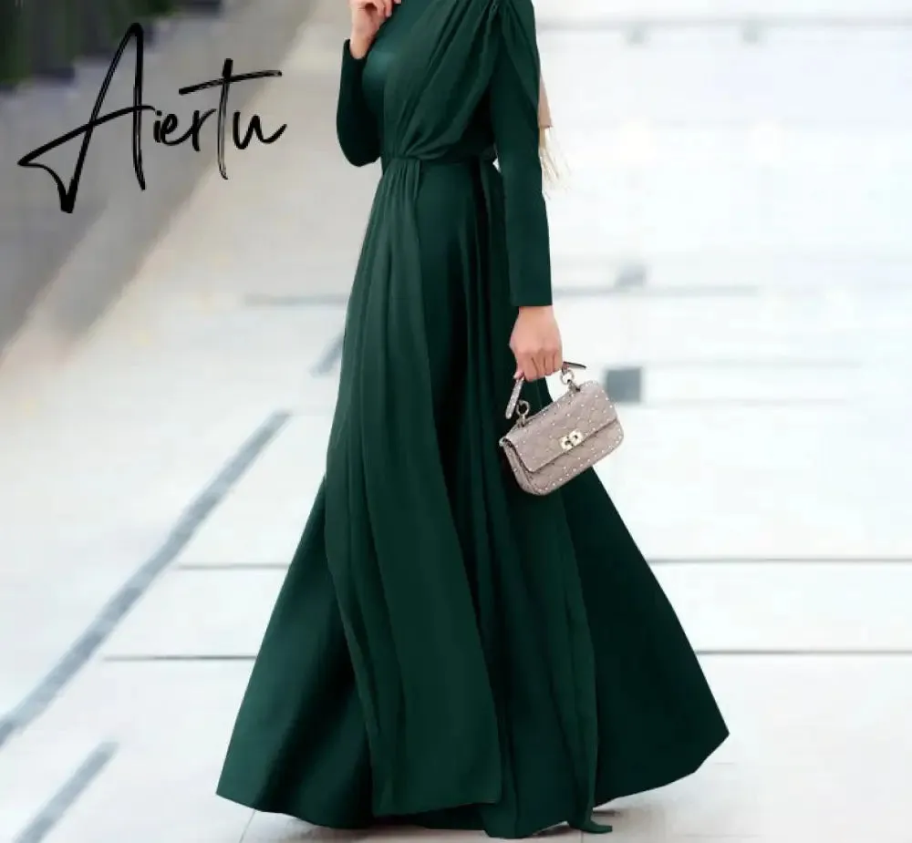 Aiertu Spring Fashion Solid Sundress Women Casual Long Sleeve O Neck Kaftan Elegant Party Hijab Dress Islamic Clothing Robe