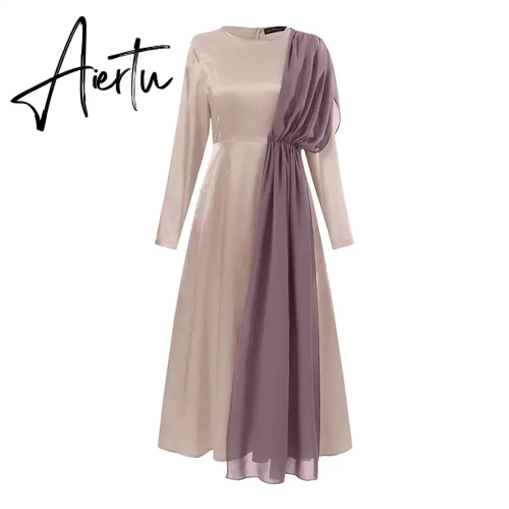 Aiertu Spring Fashion Solid Sundress Women Casual Long Sleeve O Neck Kaftan Elegant Party Hijab Dress Islamic Clothing Robe