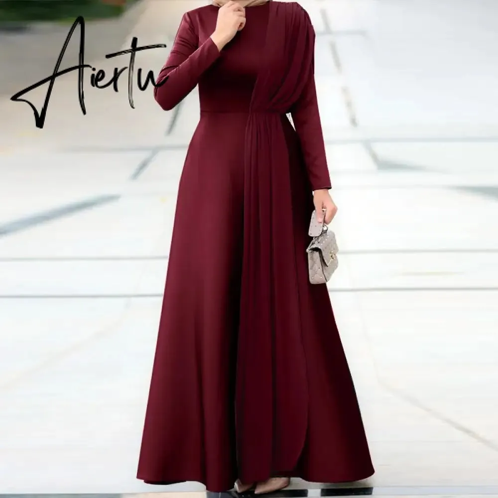 Aiertu Spring Fashion Solid Sundress Women Casual Long Sleeve O Neck Kaftan Elegant Party Hijab Dress Islamic Clothing Robe