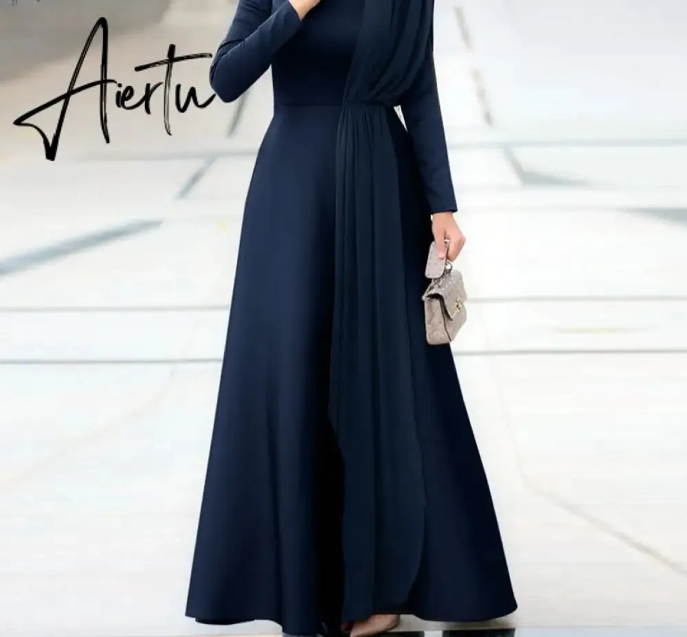 Aiertu Spring Fashion Solid Sundress Women Casual Long Sleeve O Neck Kaftan Elegant Party Hijab Dress Islamic Clothing Robe