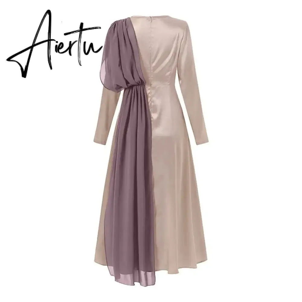 Aiertu Spring Fashion Solid Sundress Women Casual Long Sleeve O Neck Kaftan Elegant Party Hijab Dress Islamic Clothing Robe