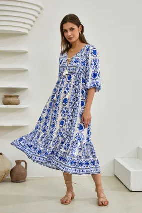 Amara Blue Boho Midi Dress