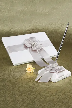 Beautiful Faux Pearl/Bow Guestbook & Pen Set