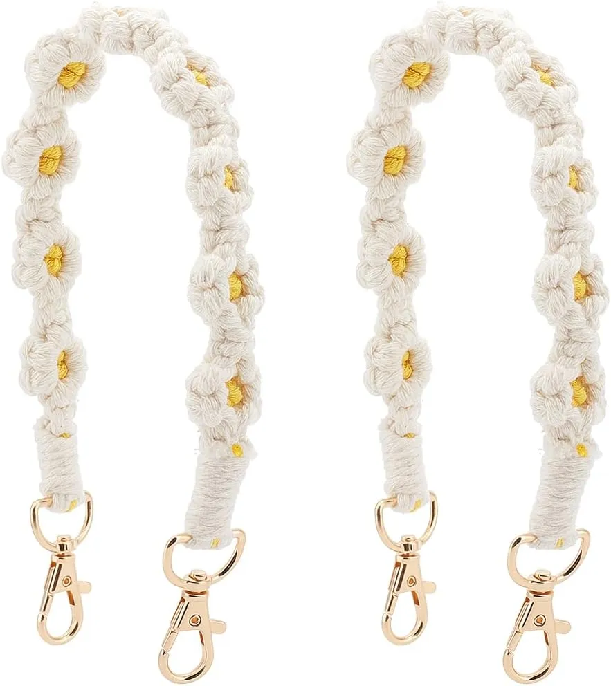 Beebeecraft Pack of 2 Boho Macrame Bracelets, Woven Bracelet with Alloy Fittings, Handmade, Woven Polyester, Bohemian White Flowers, Lanyard for Key Chains, Bags, Smartphone Bracelets