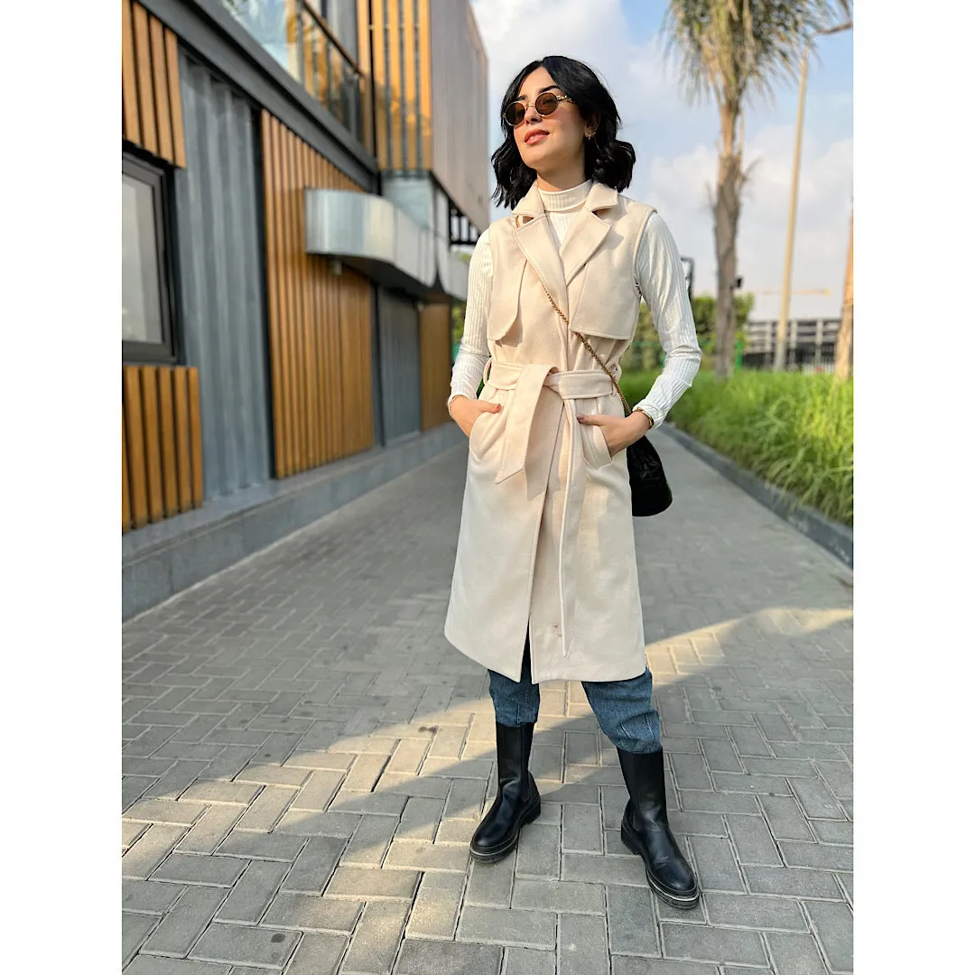Beige wool sleeveless trench jacket
