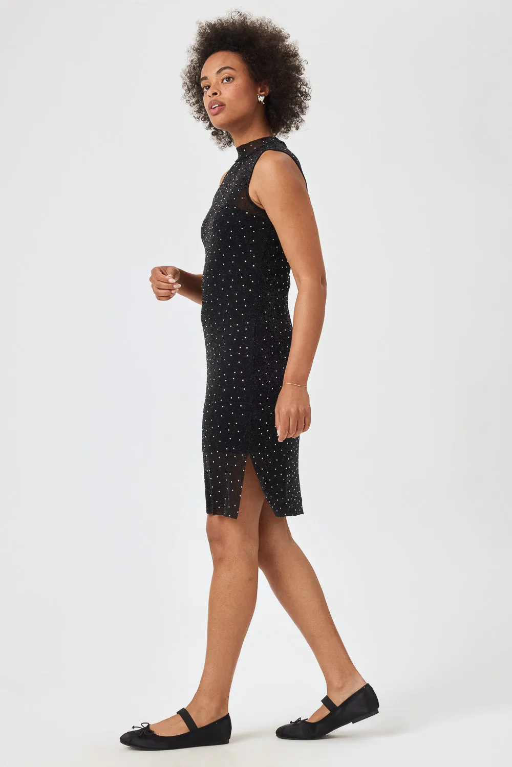 Black Sleeveless Silver Gem Body-con Sheer Mesh Dress