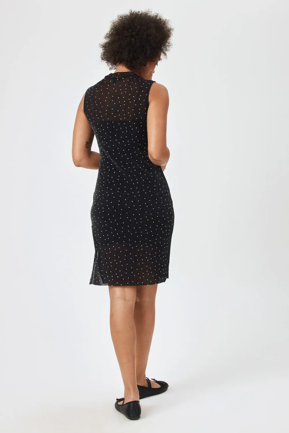 Black Sleeveless Silver Gem Body-con Sheer Mesh Dress
