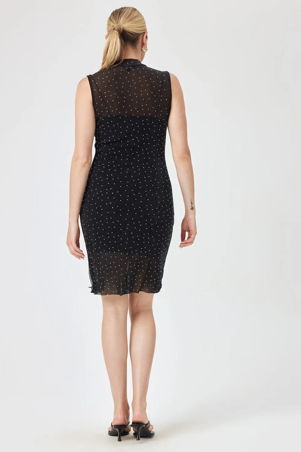 Black Sleeveless Silver Gem Body-con Sheer Mesh Dress