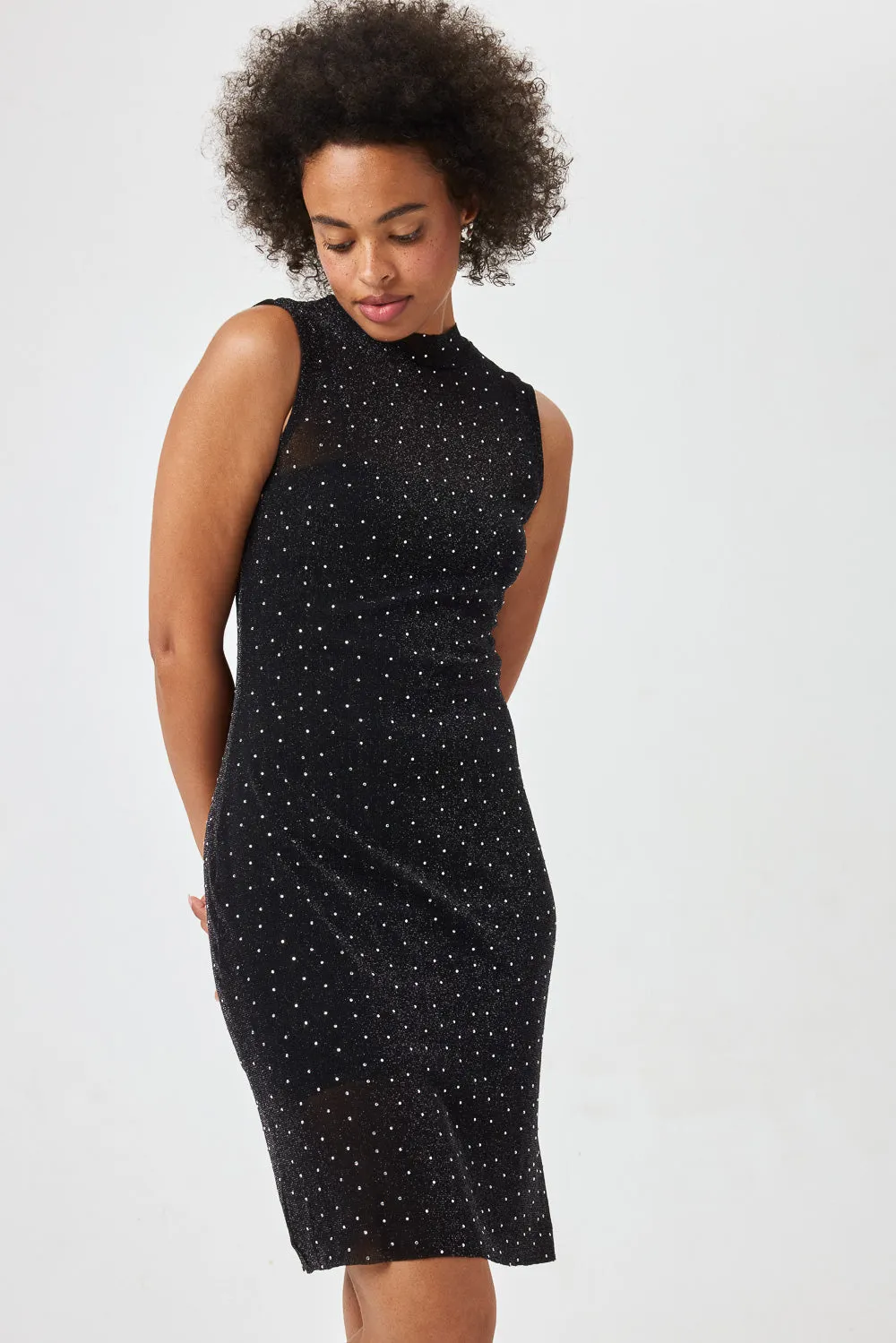 Black Sleeveless Silver Gem Body-con Sheer Mesh Dress