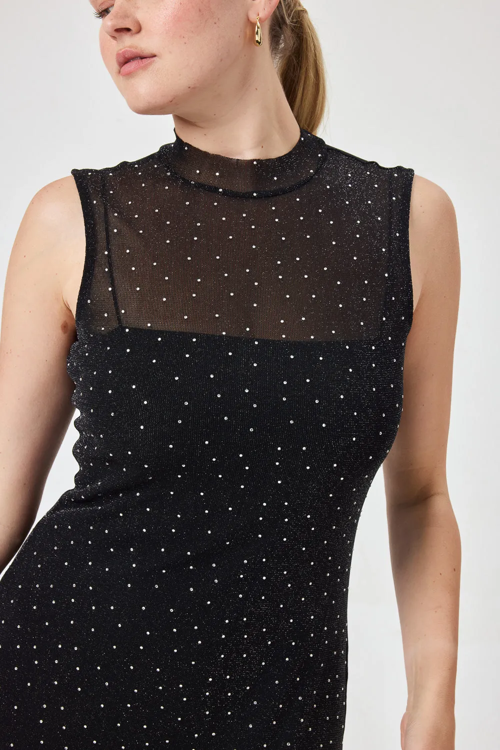 Black Sleeveless Silver Gem Body-con Sheer Mesh Dress