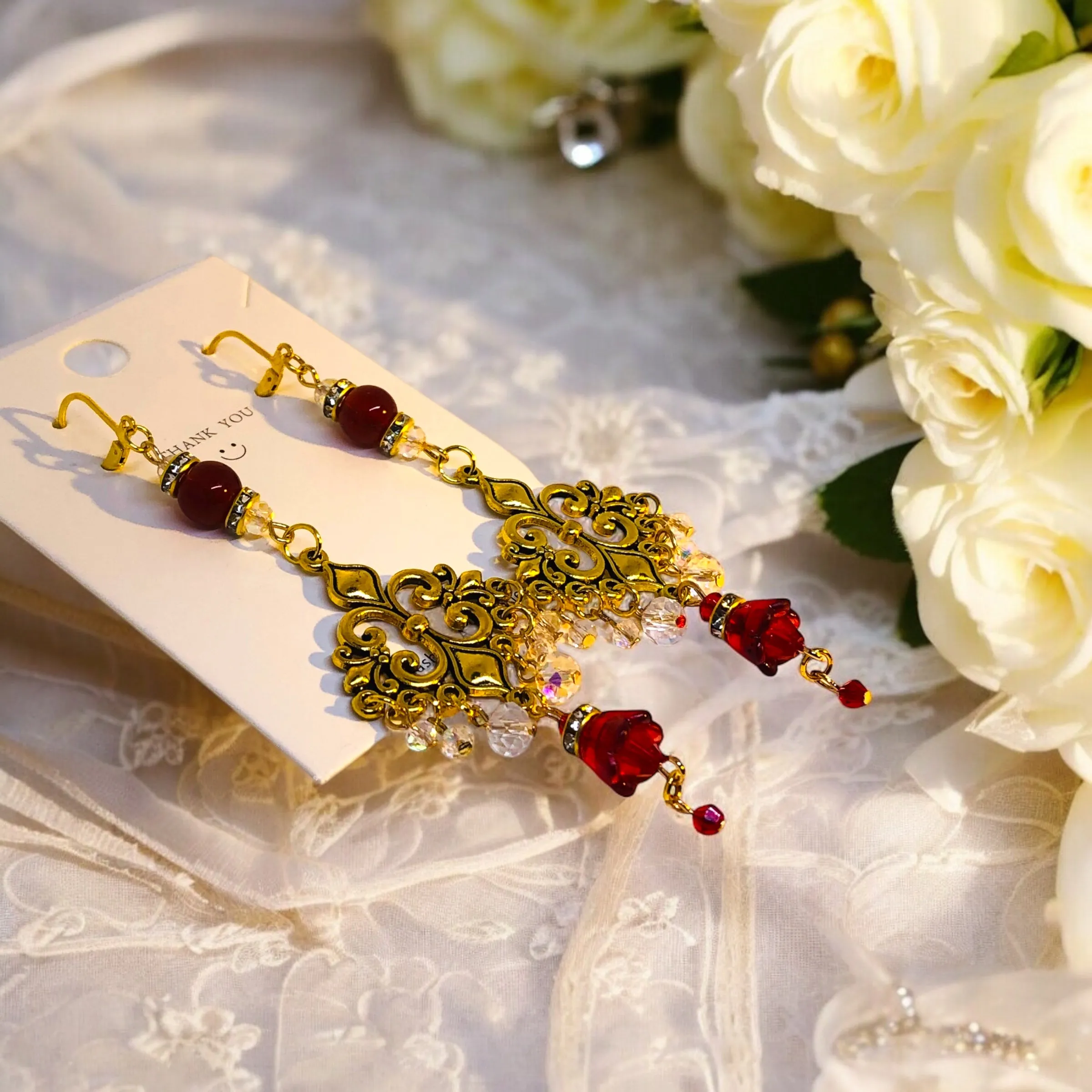 Bohemian Antique Red Gold Chandelier Earrings