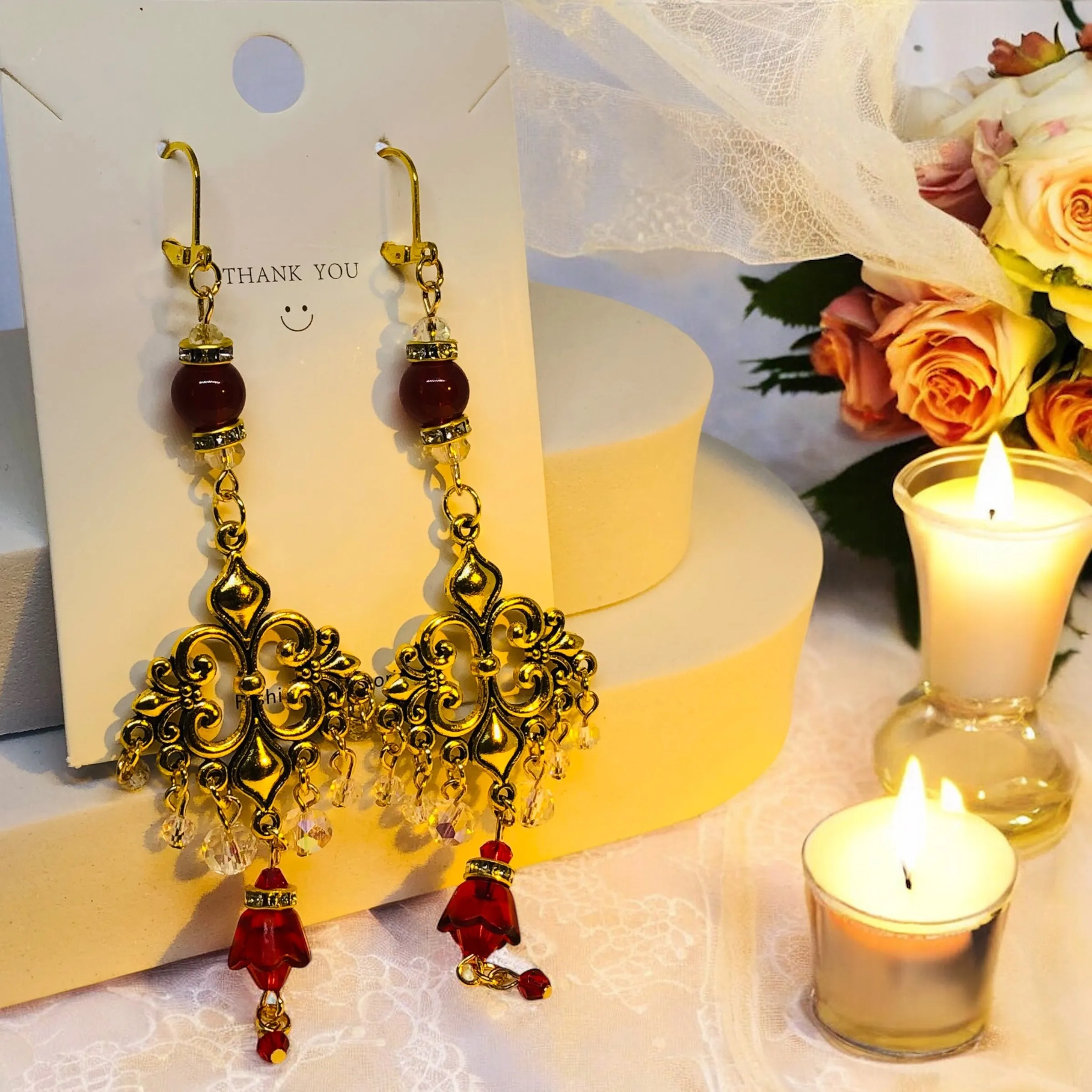 Bohemian Antique Red Gold Chandelier Earrings