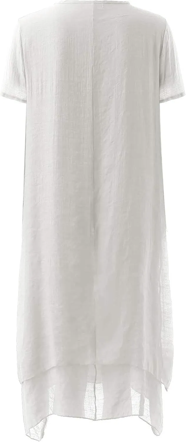 Casual Dresses for Women Cotton Linen Short Sleeve Long Dress with Pockets Handkerchief Maxi Dress Summer Dresses