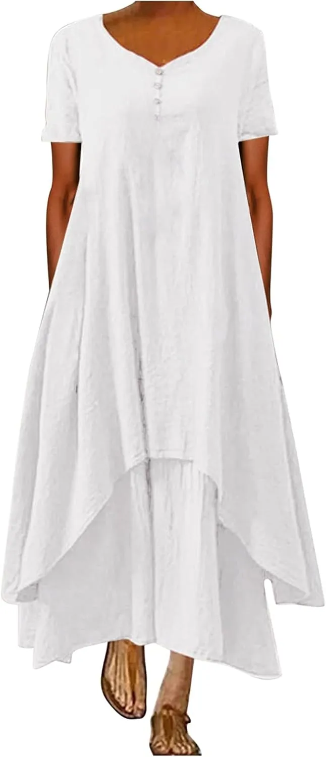 Casual Dresses for Women Cotton Linen Short Sleeve Long Dress with Pockets Handkerchief Maxi Dress Summer Dresses