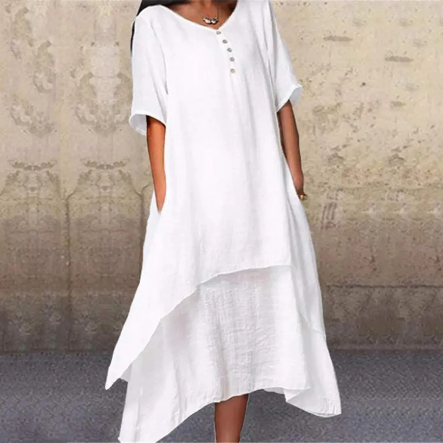 Casual Dresses for Women Cotton Linen Short Sleeve Long Dress with Pockets Handkerchief Maxi Dress Summer Dresses