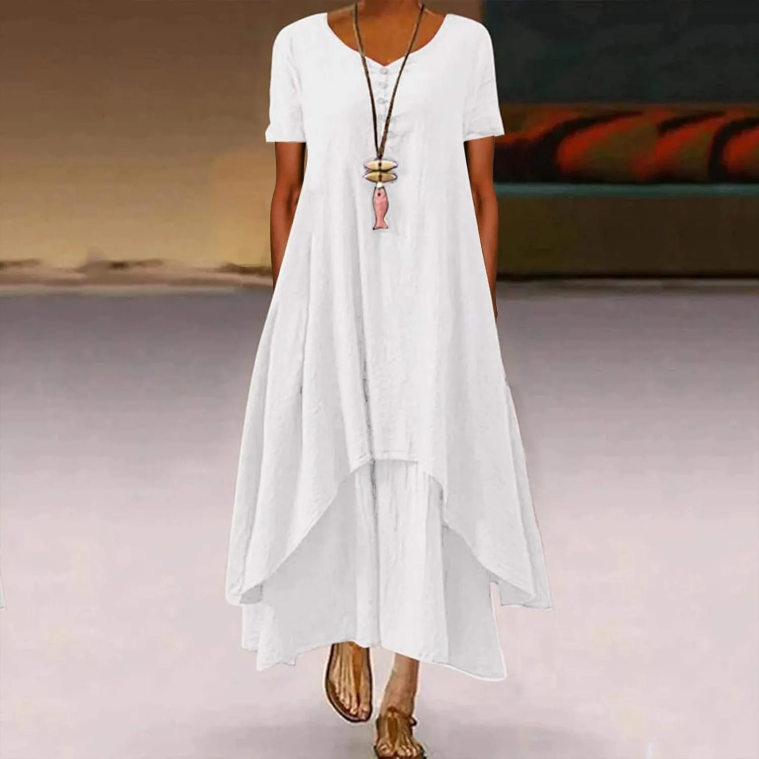 Casual Dresses for Women Cotton Linen Short Sleeve Long Dress with Pockets Handkerchief Maxi Dress Summer Dresses