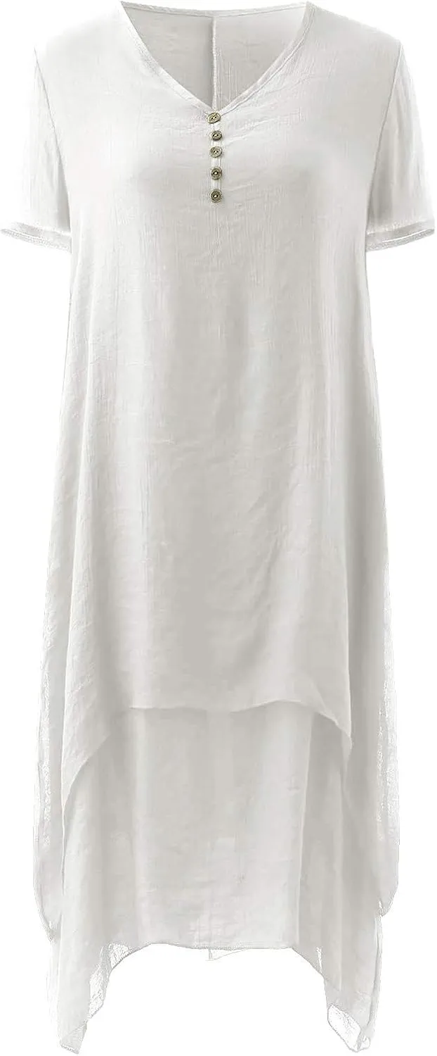 Casual Dresses for Women Cotton Linen Short Sleeve Long Dress with Pockets Handkerchief Maxi Dress Summer Dresses