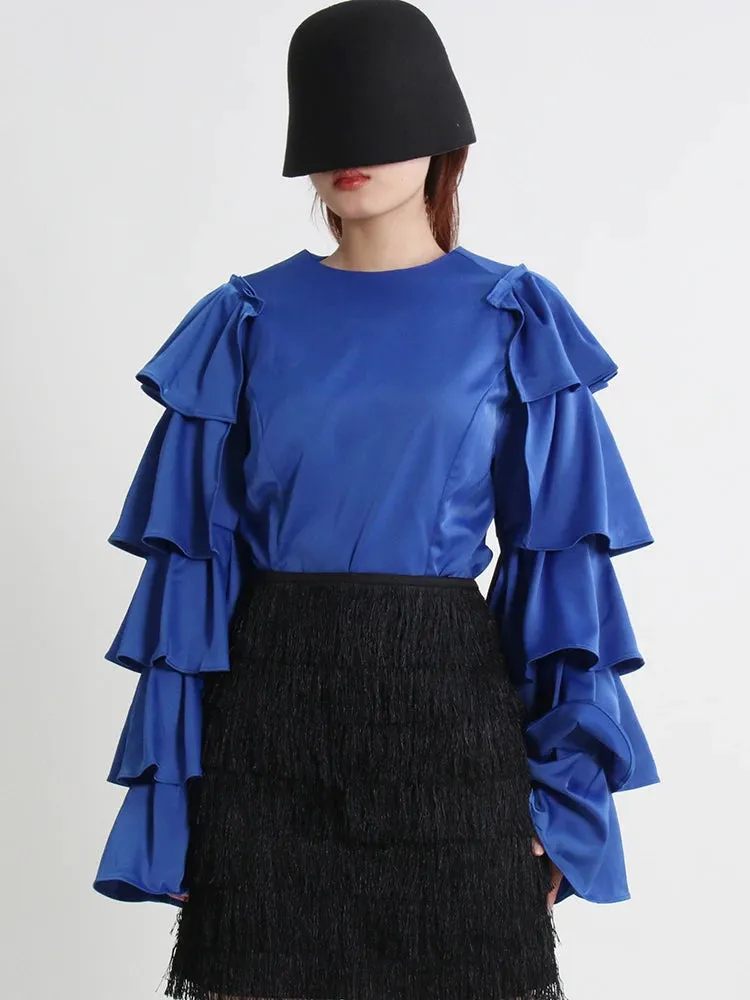 Casual Shirt For Women Round Neck Long Sleeve Ruffle Trim Loose Solid Minimalist Blouses Female Autumn Clothing
