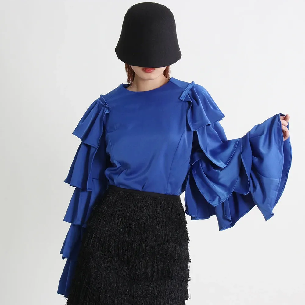 Casual Shirt For Women Round Neck Long Sleeve Ruffle Trim Loose Solid Minimalist Blouses Female Autumn Clothing