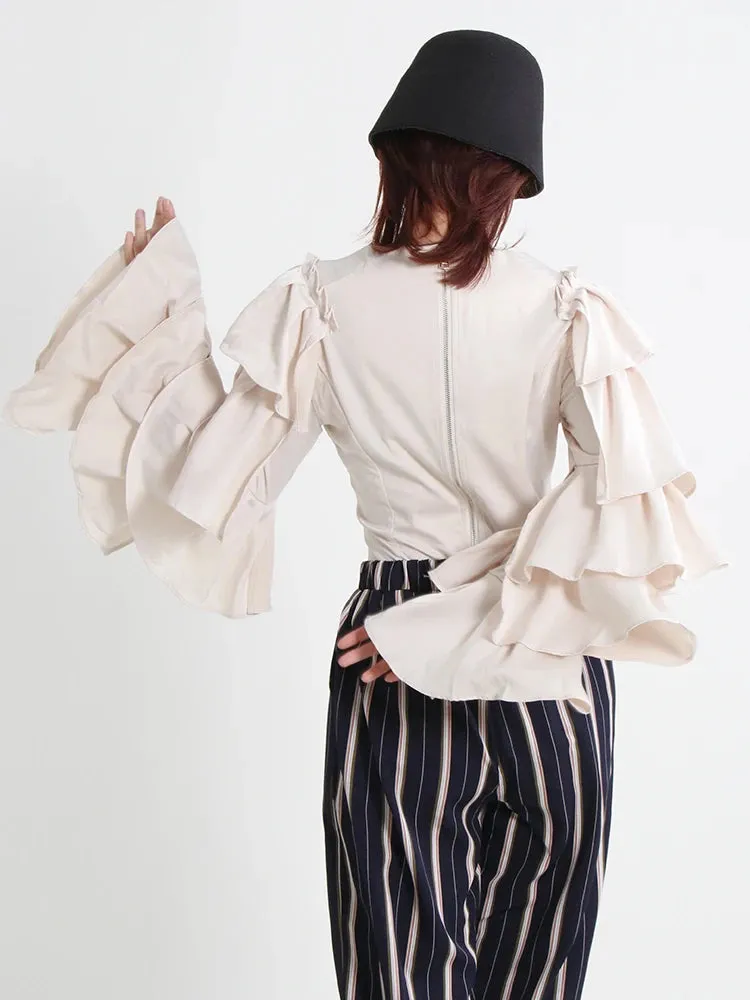 Casual Shirt For Women Round Neck Long Sleeve Ruffle Trim Loose Solid Minimalist Blouses Female Autumn Clothing