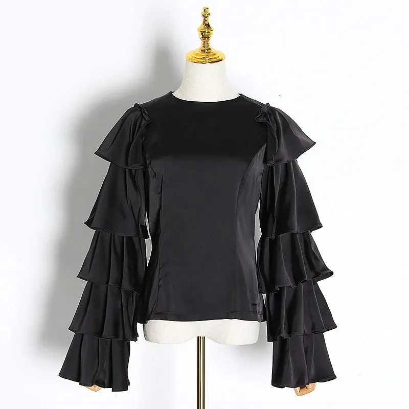 Casual Shirt For Women Round Neck Long Sleeve Ruffle Trim Loose Solid Minimalist Blouses Female Autumn Clothing
