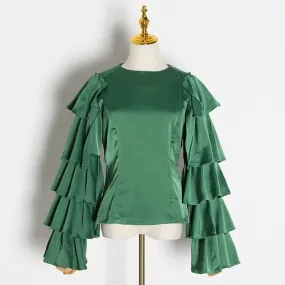 Casual Shirt For Women Round Neck Long Sleeve Ruffle Trim Loose Solid Minimalist Blouses Female Autumn Clothing