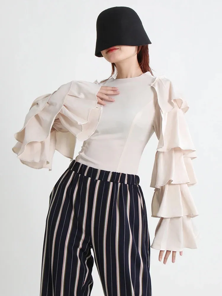 Casual Shirt For Women Round Neck Long Sleeve Ruffle Trim Loose Solid Minimalist Blouses Female Autumn Clothing
