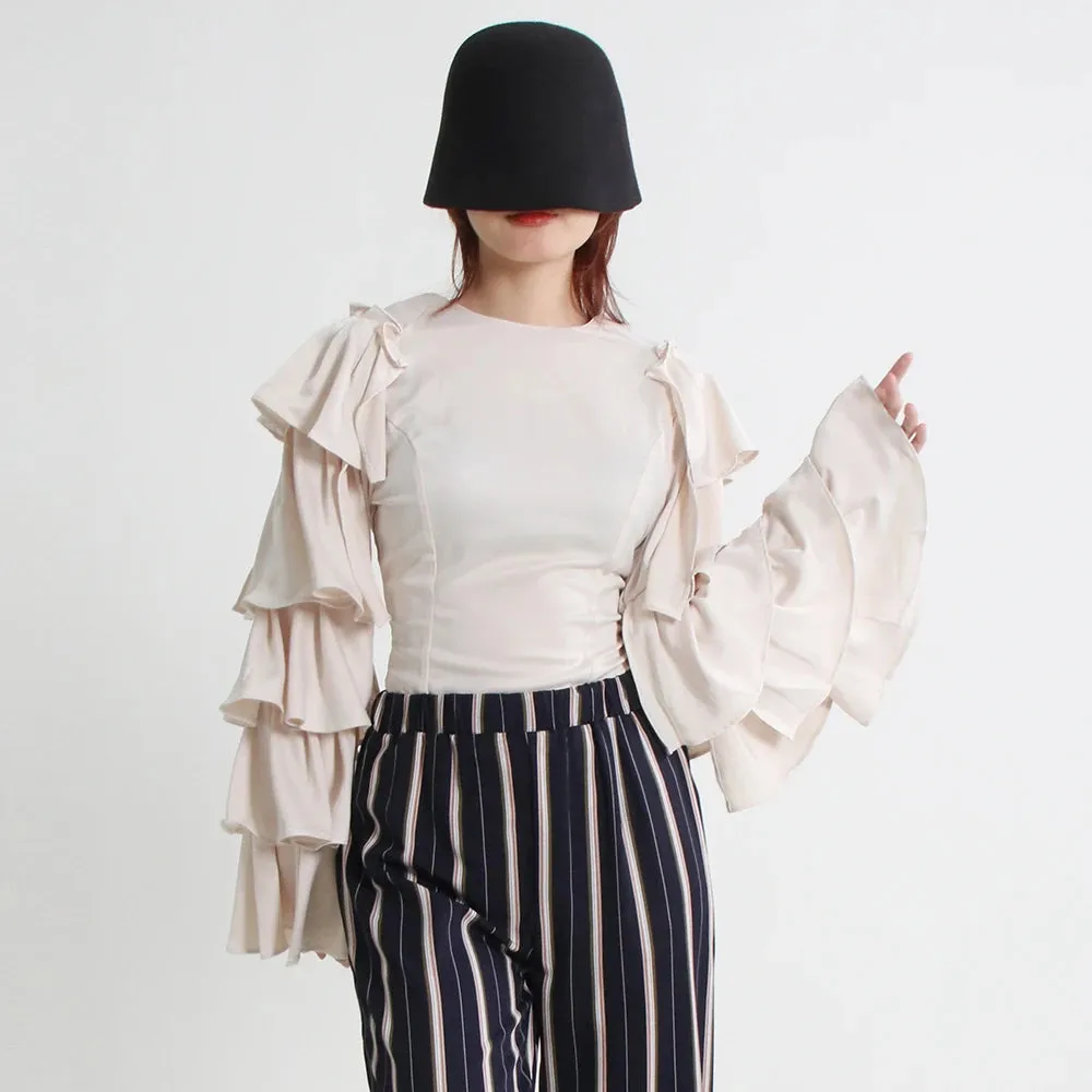 Casual Shirt For Women Round Neck Long Sleeve Ruffle Trim Loose Solid Minimalist Blouses Female Autumn Clothing