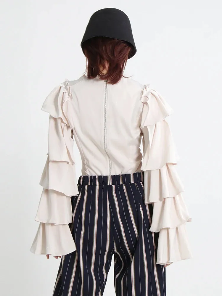 Casual Shirt For Women Round Neck Long Sleeve Ruffle Trim Loose Solid Minimalist Blouses Female Autumn Clothing