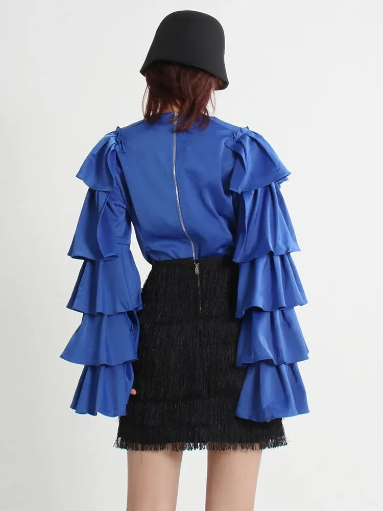 Casual Shirt For Women Round Neck Long Sleeve Ruffle Trim Loose Solid Minimalist Blouses Female Autumn Clothing