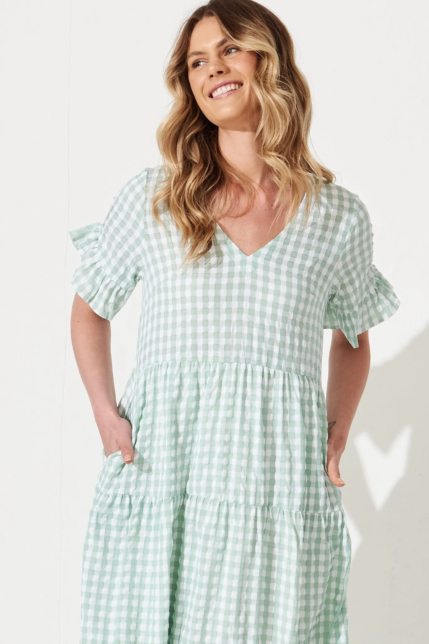 Chic Mint Gingham Midi Dress