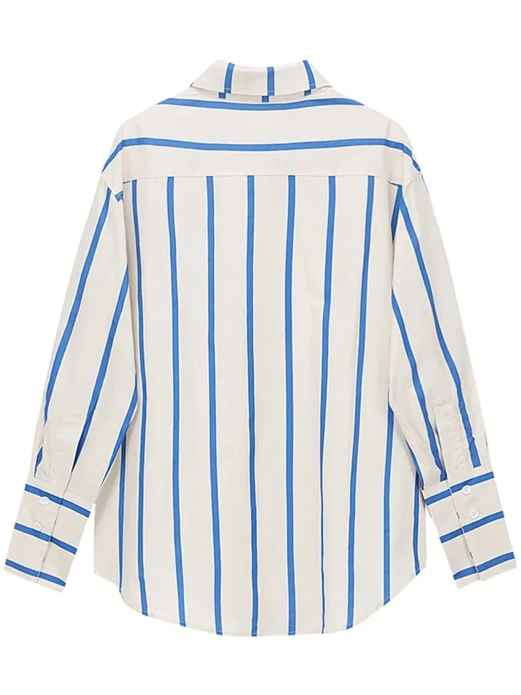 Colorblock Striped Casual Loose Blouses For Women Lapel Long Sleeve Spliced Single Breasted Minimalist Shirt Female